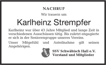 Traueranzeige von Karlheinz Strempfer von Haller Tagblatt