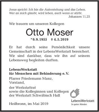 Traueranzeige von Otto Moser von Haller Tagblatt