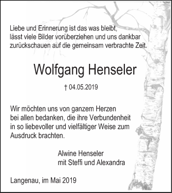 Traueranzeige von Wolfgang Henseler von SÜDWEST PRESSE Ausgabe Ulm/Neu-Ulm