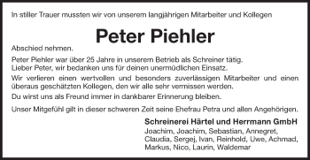 Traueranzeige von Peter Piehler von Haller Tagblatt