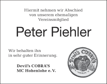 Traueranzeige von Peter Piehler von Hohenloher Tagblatt