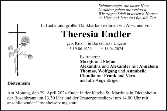 Traueranzeige von Theresia Endler von SÜDWEST PRESSE Ausgabe Ulm/Neu-Ulm