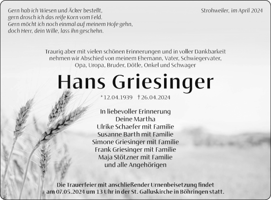 Traueranzeige von Hans Griesinger von Alb-Bote/Metzinger-Uracher Volksblatt