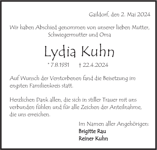 Traueranzeige von Lydia Kuhn von Rundschau Gaildorf